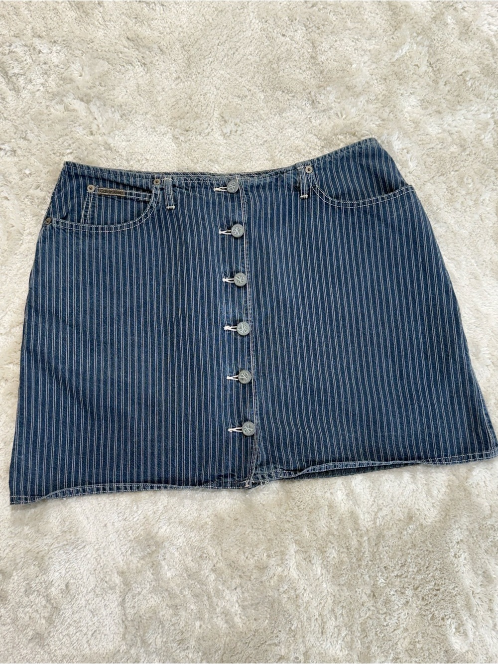 Calvin Klein Y2K Pinstripe Denim Mini Skirt Size 14 Button Front
